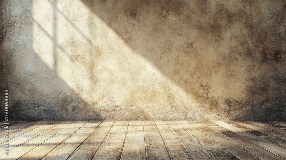 Aufkleber Weathered cement wall texture with light shadows and wooden floor creating a rustic backdrop for design and artistic projects.