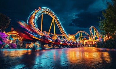 Obraz premium Nighttime amusement park, illuminated roller coaster, blurred motion.