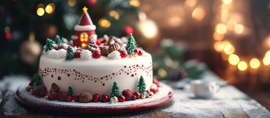 Fototapeta premium Festively decorated Christmas cake with seasonal elements surrounded by holiday lights and greenery in a cozy setting