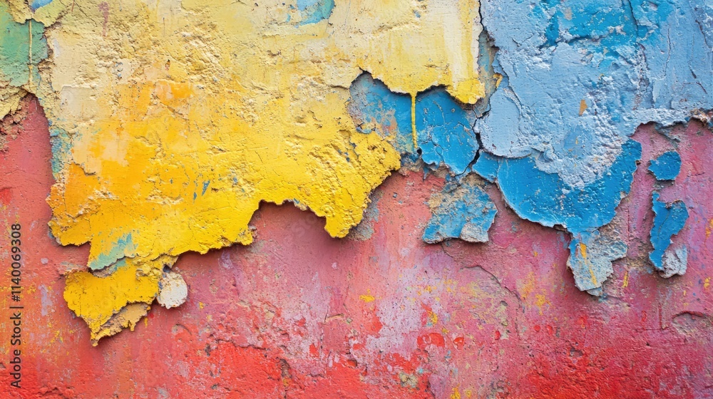 Poster peeling colorful paint on a worn cement wall texture with vibrant hues of blue yellow and red creati