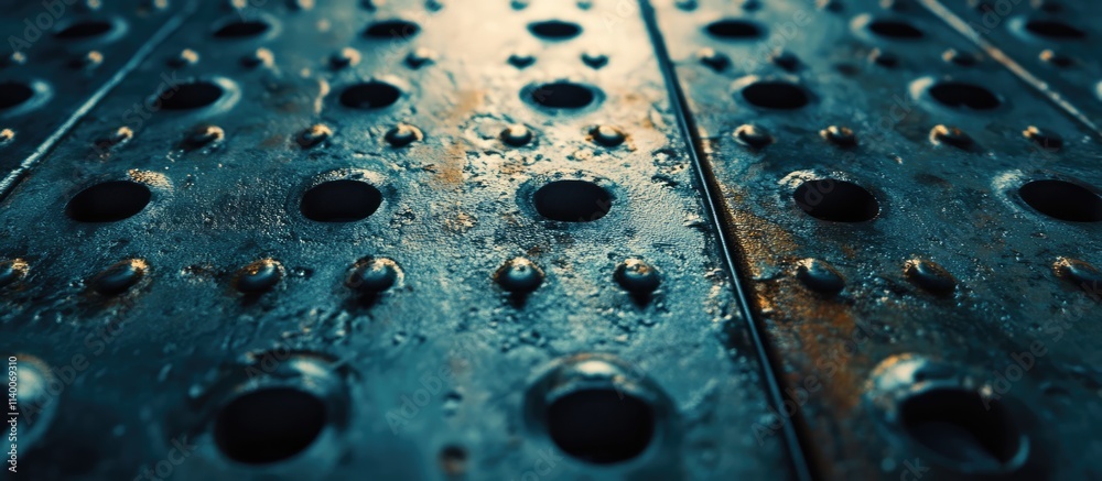 Poster close-up view of rusty metal plate with holes highlighting industrial texture and design details in 