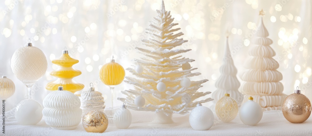Aufkleber Elegant white and yellow decorative Christmas tree ornaments with a soft bokeh background creating a festive atmosphere for holiday themes