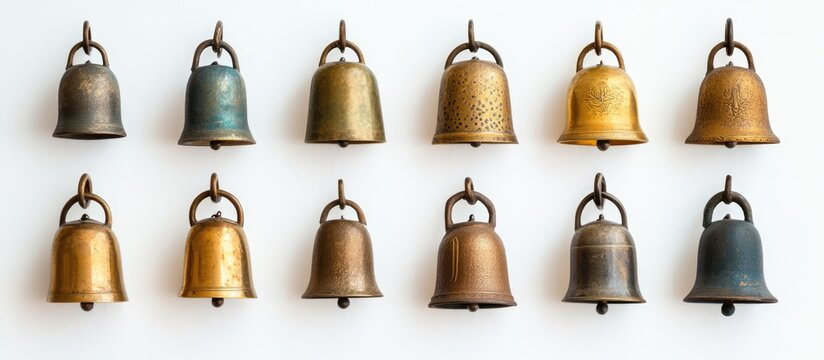 Vintage brass bell collection arranged aesthetically on a white background showcasing unique shapes and finishes for artistic purposes.