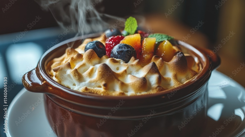 Poster baked meringue dessert topped with fresh fruits served in a rustic dish garnished with mint leaves o