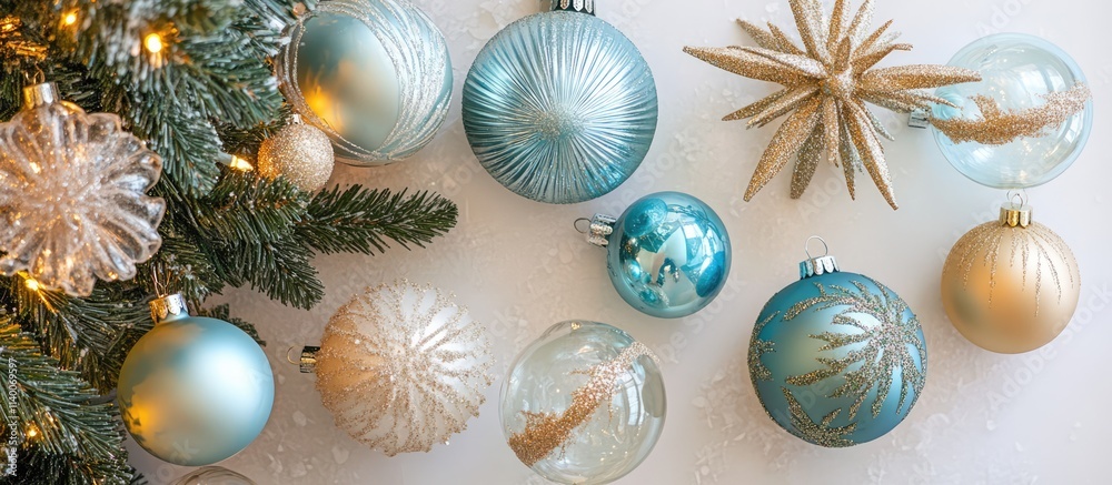 Poster christmas tree ornaments and decorations in blue and gold colors arranged on a snowy surface with ev