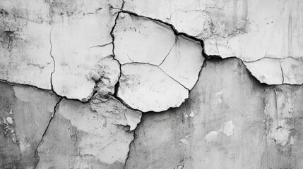 Fototapeta premium Textured concrete wall with cracked and peeling paint in monochrome tones showcasing weathered and aged surface details.