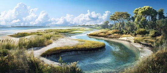 Serene curved estuary with vibrant green vegetation and pristine waters under a clear blue sky