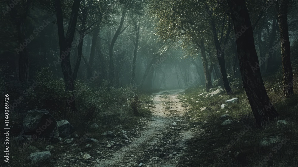 Poster serene dirt road winding through a misty forest surrounded by trees and lush greenery under soft nat