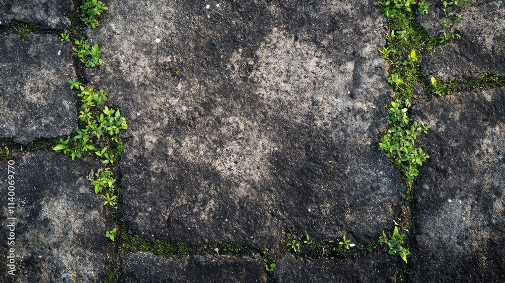 Poster weathered cement floor with moss and contrasting textured stones, ideal for backgrounds or architect