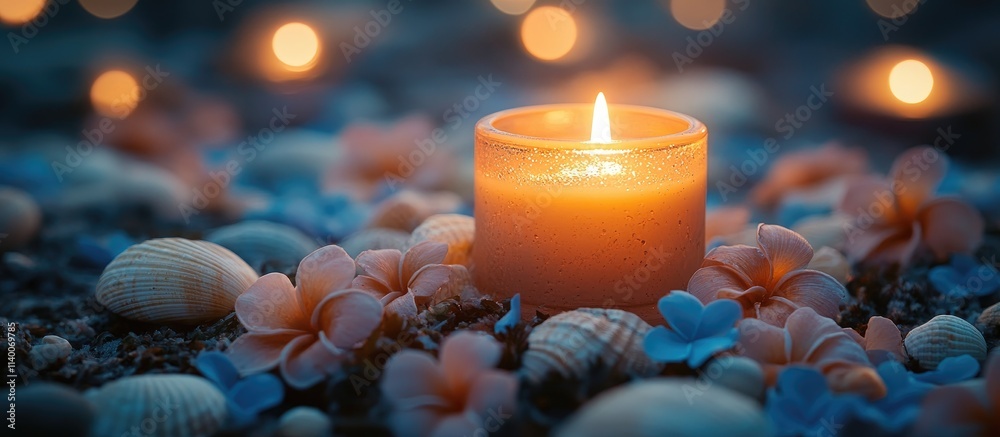 Poster summer evening serenity with a glowing candle surrounded by delicate flower petals and seashells cre
