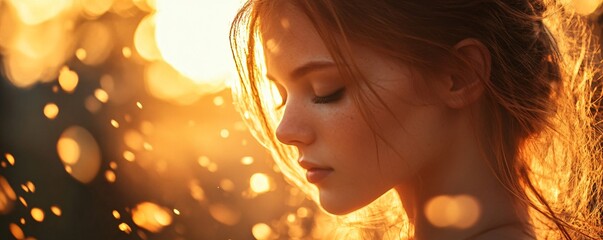 Fototapeta premium Beautiful woman enjoying golden hour sunlight with closed eyes