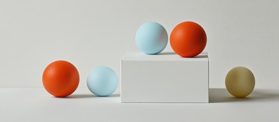 Minimalist composition featuring a white box with colorful balls arranged in an artistic layout on a light background.