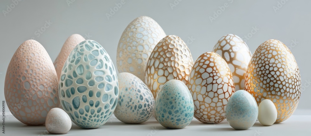 Poster elegant decorative easter eggs in various sizes and colors showcasing intricate designs and textures