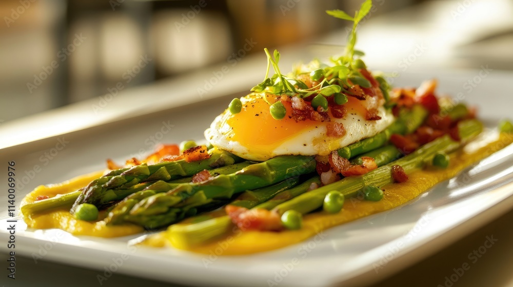 Poster asparagus with crispy bacon and poached egg elegantly presented on a white plate with vibrant sauce 