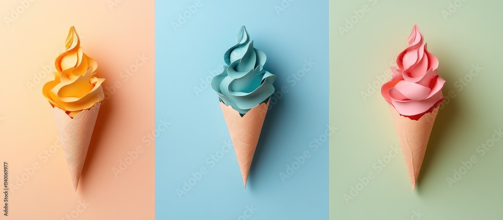 Poster colorful paper ice cream cones with pastel swirls on a soft pastel background ideal for summer theme