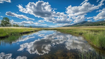 Fototapeta premium Serene landscape with vibrant clouds reflecting on a tranquil lake surrounded by lush green grass and distant mountains under a blue sky