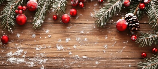 Festive winter holiday decorations with fir branches red baubles and pine cones on rustic wooden background creating a cozy atmosphere