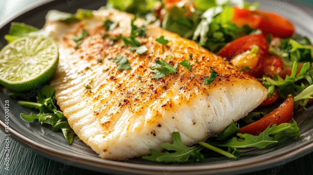 Poster Grilled fish fillet served with fresh salad and lime garnished on a rustic table setting