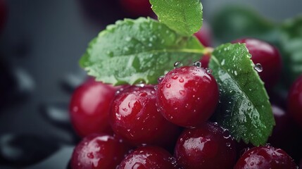 Closeup of fresh cranberries with mint leaves and water droplets on a dark background highlighting their vibrant colors and freshness