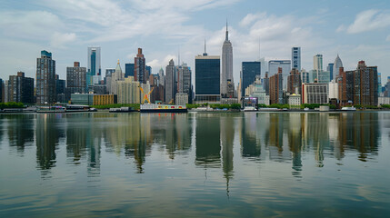 Obraz premium City skyline reflected in water.