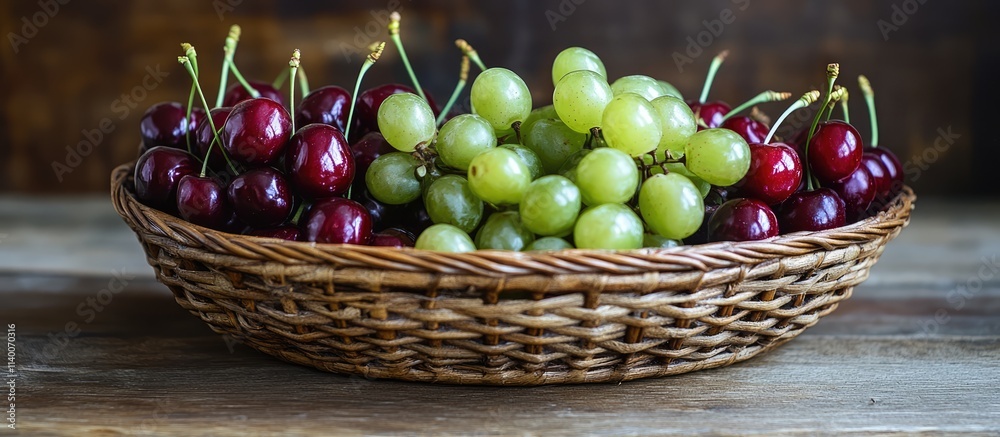 Poster fresh ripe red cherries and green grapes in a woven basket on a rustic wooden table showcasing a hea