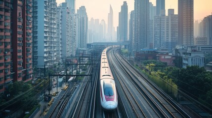 Obraz premium High-Speed Train on Rooftop View Over Cityscape