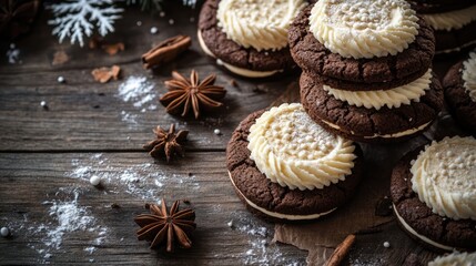 Fototapeta premium Delicious homemade cookie sandwiches with buttercream displayed on a rustic wooden table perfect for holiday gifting and festive celebrations
