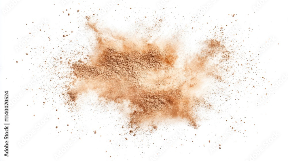Poster natural brown dust explosion texture isolated on white background for creative design and abstract a