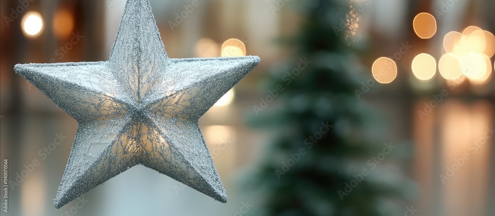 Poster Decorative silver star ornament with blurred tree background creating a festive atmosphere in a vertical composition for holiday themes