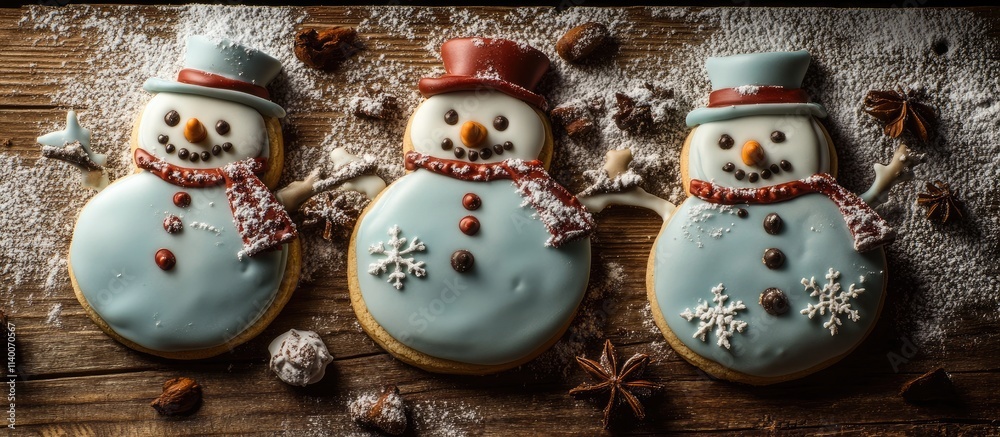 Poster festive snowman cookies decorated with frosting and laid on a rustic wooden table with seasonal embe