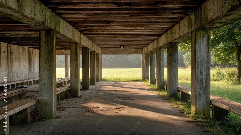 Poster a serene pavilion with benches under a concrete structure, surrounded by grassy fields.