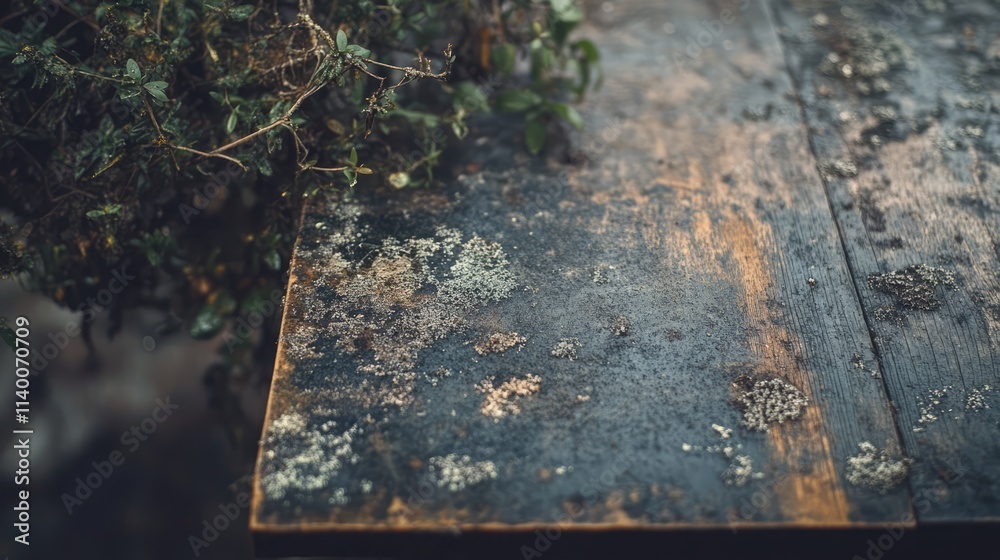 Poster Fungal and mold texture on weathered wooden table surface with greenery in the background for environmental and health-related visuals.