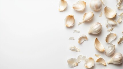 Garlic cloves and peels scattered on a white background showcasing the natural texture and color of fresh garlic bulbs.