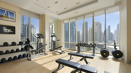 Fototapeta premium Bright gym with equipment, city view.