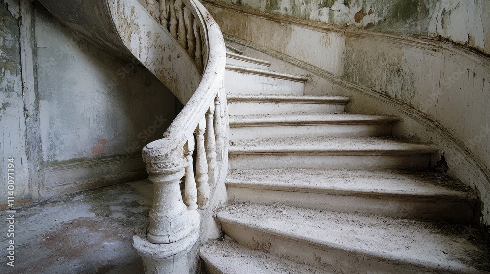Poster weathered spiral staircase with peeling paint showcasing vintage architecture and a sense of abandon