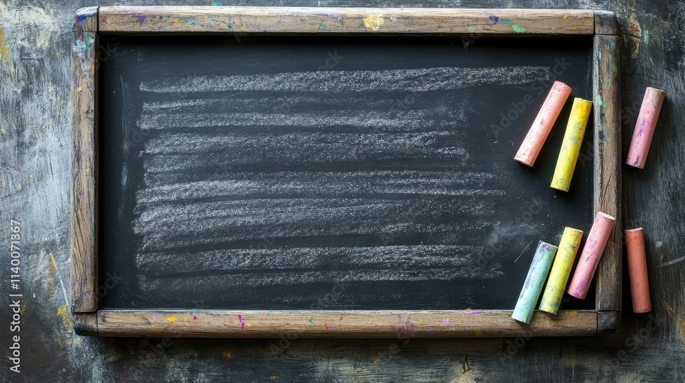 Poster blank black chalkboard with colorful chalk pieces scattered, perfect for educational or creative con