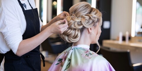 Obraz premium A bride having her hair styled, adorned with a sparkling hairpiece. The hairstylist carefully arranges the intricate updo, ensuring every detail is flawless for the special day.