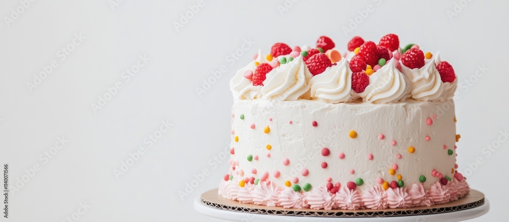 Poster Elegant raspberry cake adorned with whipped cream and colorful sprinkles presented against a bright white backdrop in a confectionery setting