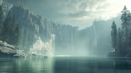 Fototapeta premium Misty landscape of Crater Lake with dramatic cliffs and serene waters surrounded by tall evergreen trees under a cloudy sky