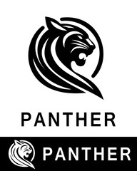A bold panther logo featuring a sleek, stylized panther head in a modern circular design with smooth black lines
