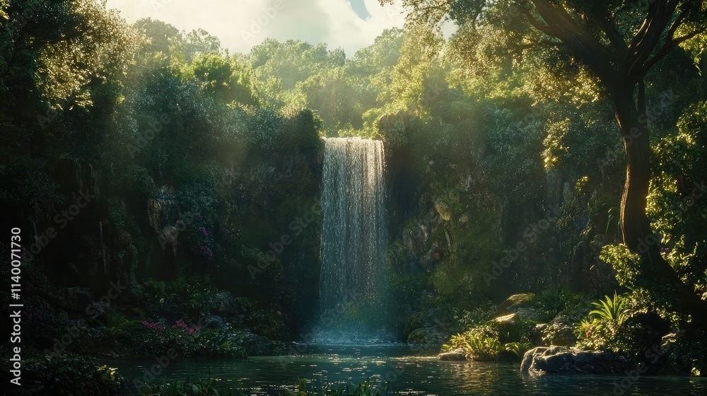 Poster majestic waterfall cascading through a lush forest surrounded by vibrant greenery and dappled sunlig