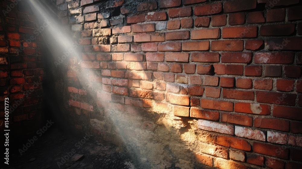Aufkleber Old brick wall with discolored crisscross pattern illuminated by soft light rays creating a moody atmosphere in an abandoned setting