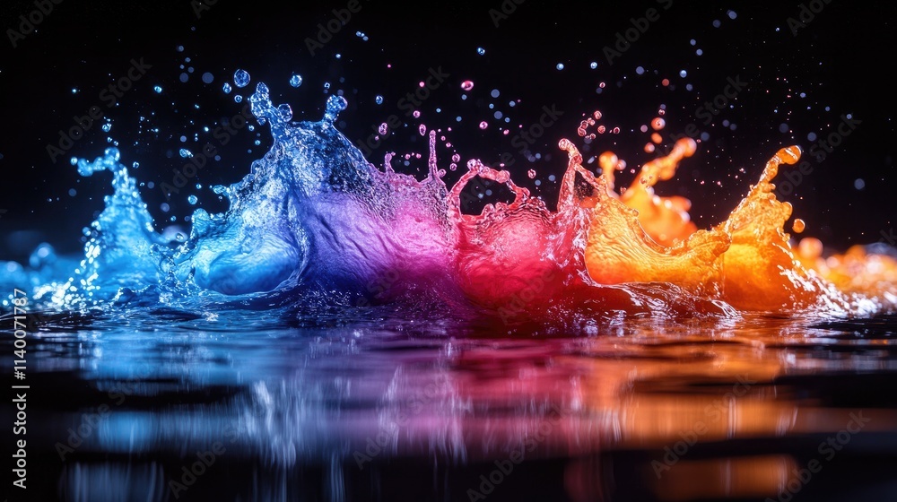 Canvas Prints Vibrant water splashes amidst a colorful dust explosion illuminated against a dark backdrop showcasing dynamic motion and vivid hues.