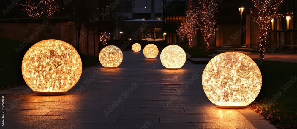Poster festive illuminated spheres adorning a winter pathway creating a warm christmas atmosphere in an urb