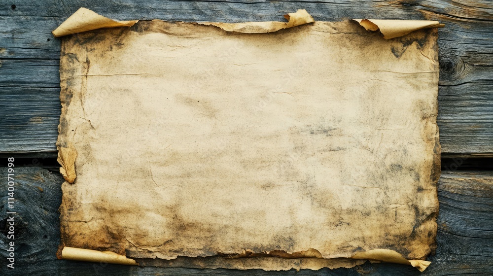 Poster vintage aged paper on weathered wooden background with grunge texture and wrinkled edges for rustic 