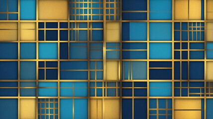 Modern blue and gold geometric grid design with structured squares and intersecting lines, elegant abstract background for creative uses.