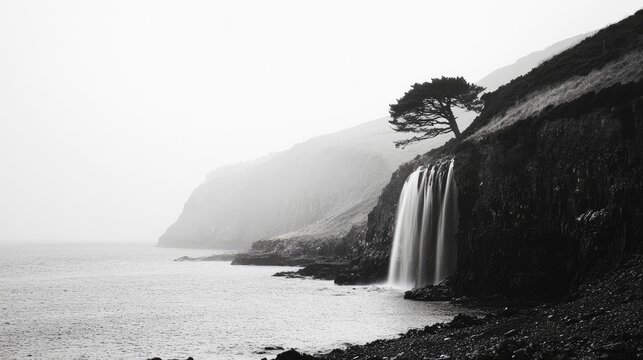 Majestic waterfall cascading into serene bay framed by misty cliffs and solitary tree in black and white landscape photography