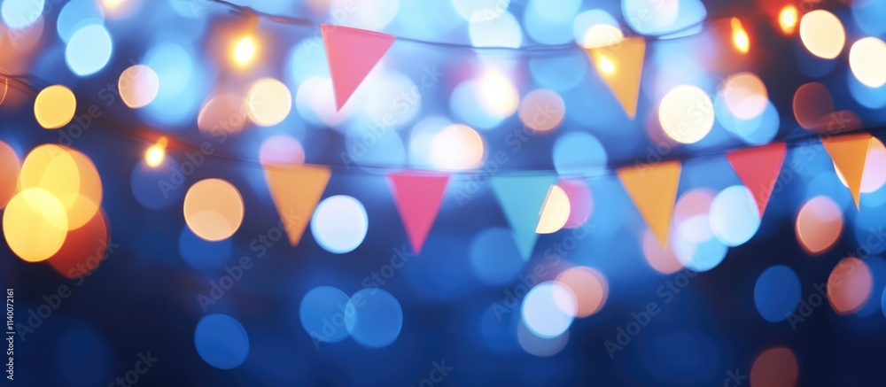 Poster Colorful bokeh backdrop with festive flag lights creating a vibrant and joyful atmosphere for celebrations and events