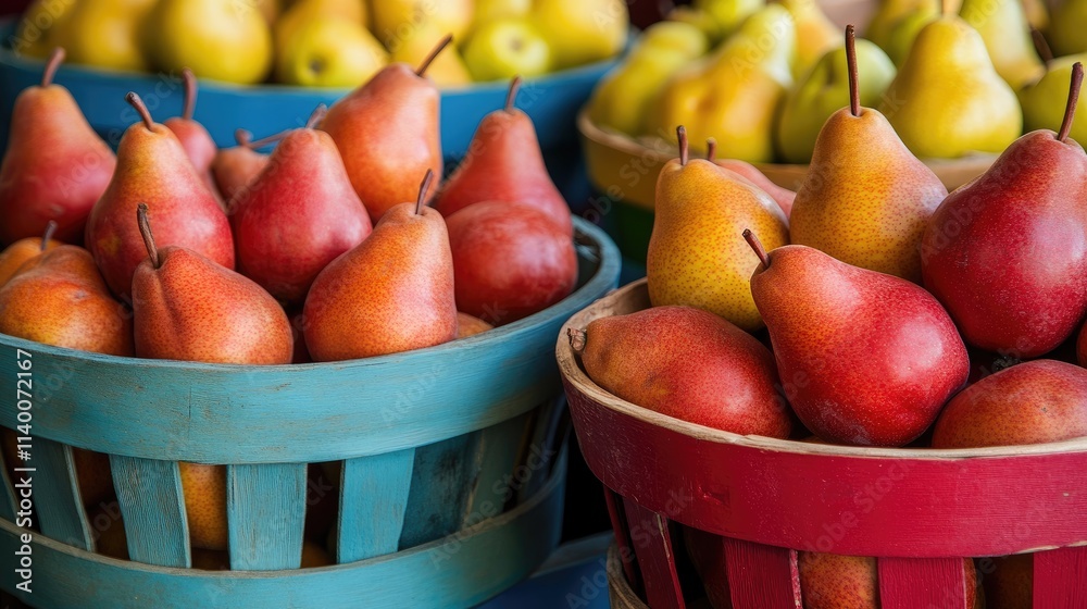 Poster freshly harvested red pears in vibrant bushel baskets showcasing a colorful farm market display of l