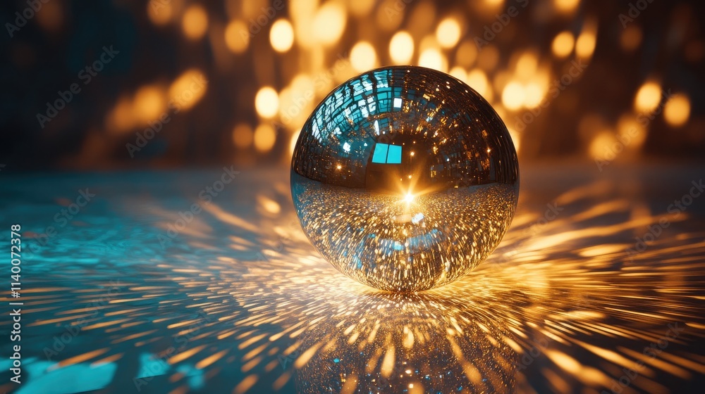 Poster disco ball creating vibrant light reflections on surface with an energetic and colorful background p